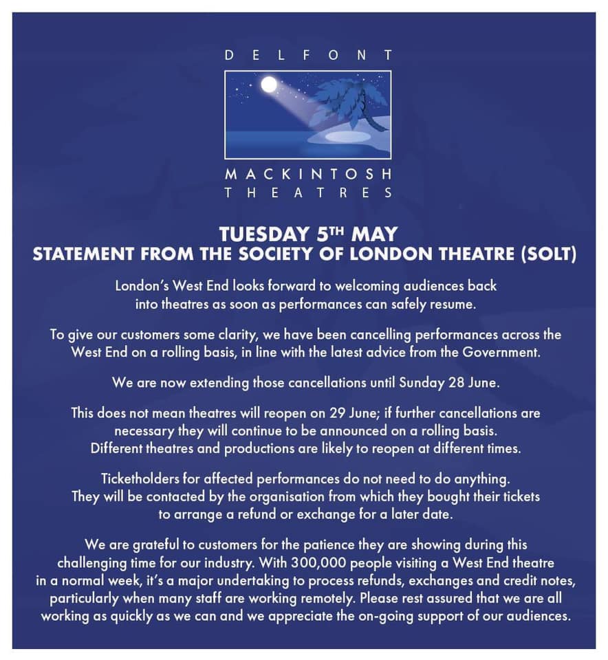 West End Theatres extend Closure to end of June