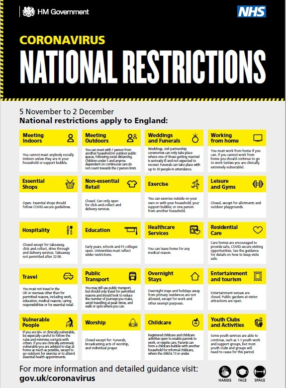 New National COVID-19 Restrictions Effective From Thursday 5th November until Wednesday 2nd December 2020